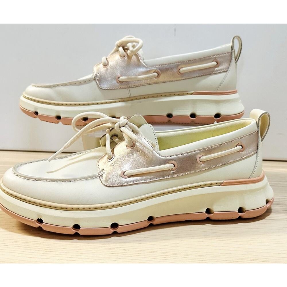 Cole Haan Women Sz 8.5B Zerogrand Regatta Ivory Gold Pink Laced Boat Shoe